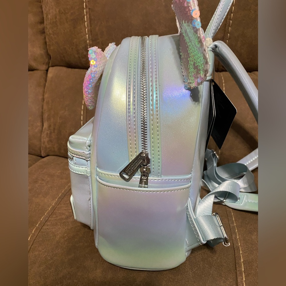 NWT- Loungefly Iridescent Blue Backpack with Sequins ears and bow - Picture 3 of 6